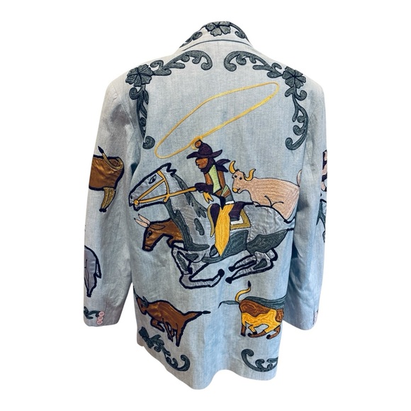 90s SANDY STARKMAN COTTON CHAMBRAY EMBROIDERED WESTERN COWGIRL THEME BLAZER SZ L - Picture 7 of 10